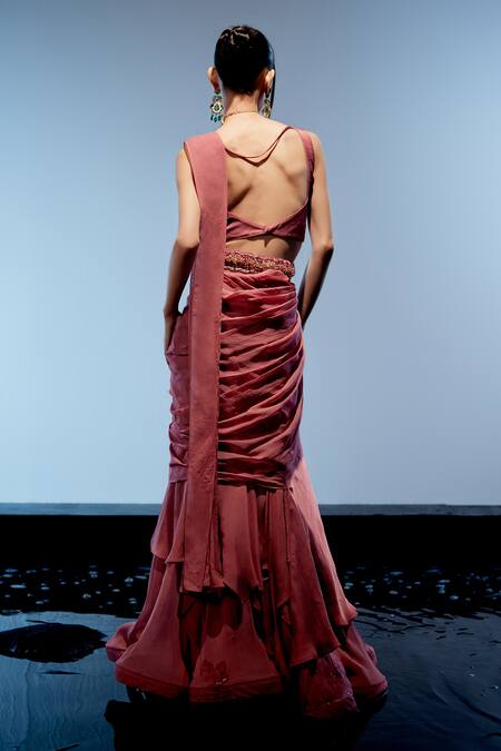 Miku Kumar Red Net, Satin, Georgette Sequins, Embroidery, Amara 3d Pre-drped Saree Set Online at Aza Fashions Miku Kumar_Red Net, Satin, Georgette Sequins, Embroidery, Amara 3d Pre-drped Saree Set _Online_at_Aza_Fashions