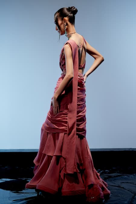 Shop Miku Kumar Red Net, Satin, Georgette Sequins, Embroidery, Amara 3d Pre-drped Saree Set Online at Aza Fashions Shop_Miku Kumar_Red Net, Satin, Georgette Sequins, Embroidery, Amara 3d Pre-drped Saree Set _Online_at_Aza_Fashions