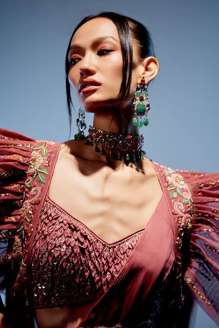 Buy Miku Kumar Red Net, Satin, Georgette Sequins, Embroidery, Amara 3d Pre-drped Saree Set Buy_Miku Kumar_Red Net, Satin, Georgette Sequins, Embroidery, Amara 3d Pre-drped Saree Set