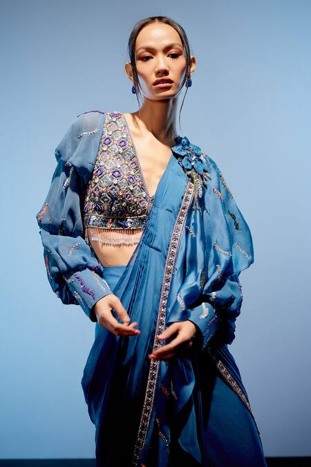Miku Kumar Blue Satin, Georgette Sequins, Elena 3d Pre-draped Saree With Blouse Online at Aza Fashions Miku Kumar_Blue Satin, Georgette Sequins, Elena 3d Pre-draped Saree With Blouse _Online_at_Aza_Fashions
