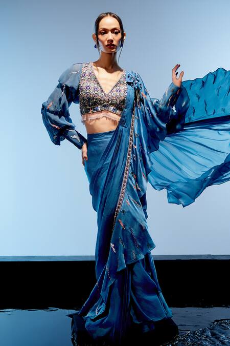 Shop Miku Kumar Blue Satin, Georgette Sequins, Elena 3d Pre-draped Saree With Blouse Online at Aza Fashions Shop_Miku Kumar_Blue Satin, Georgette Sequins, Elena 3d Pre-draped Saree With Blouse _Online_at_Aza_Fashions