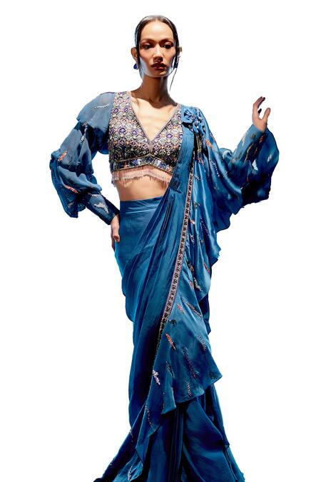 Miku Kumar Blue Satin, Georgette Sequins, Elena 3d Pre-draped Saree With Blouse at Aza Fashions Miku Kumar_Blue Satin, Georgette Sequins, Elena 3d Pre-draped Saree With Blouse _at_Aza_Fashions