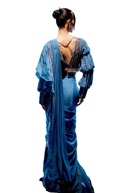 Buy Miku Kumar Blue Satin, Georgette Sequins, Elena 3d Pre-draped Saree With Blouse Buy_Miku Kumar_Blue Satin, Georgette Sequins, Elena 3d Pre-draped Saree With Blouse