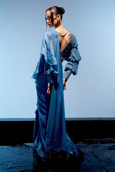 Shop Miku Kumar Blue Satin, Georgette Sequins, Elena 3d Pre-draped Saree With Blouse Shop_Miku Kumar_Blue Satin, Georgette Sequins, Elena 3d Pre-draped Saree With Blouse