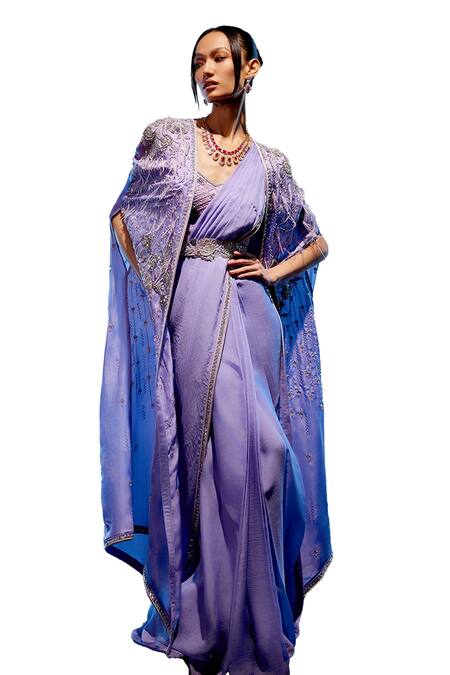 Buy_Miku Kumar_Purple Satin, Organza Pearls, Embroidered Cape And Blouse Pre-draped Saree Set _Online_at_Aza_Fashions