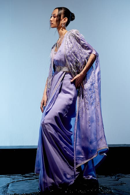 Shop_Miku Kumar_Purple Satin, Organza Pearls, Embroidered Cape And Blouse Pre-draped Saree Set _Online_at_Aza_Fashions