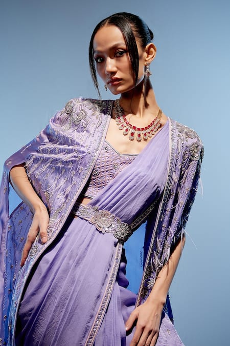 Miku Kumar_Purple Satin, Organza Pearls, Embroidered Cape And Blouse Pre-draped Saree Set _at_Aza_Fashions