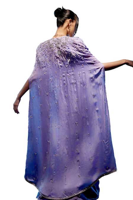Buy_Miku Kumar_Purple Satin, Organza Pearls, Embroidered Cape And Blouse Pre-draped Saree Set 