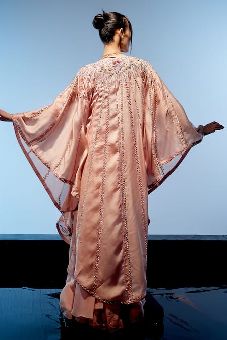 Shop_Miku Kumar_Pink Satin, Organza Pearls, Beads, Cut Work Rosalind Pre-draped Saree Set _at_Aza_Fashions