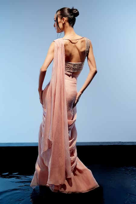 Miku Kumar_Pink Satin, Organza Pearls, Beads, Cut Work Rosalind Pre-draped Saree Set _Online_at_Aza_Fashions