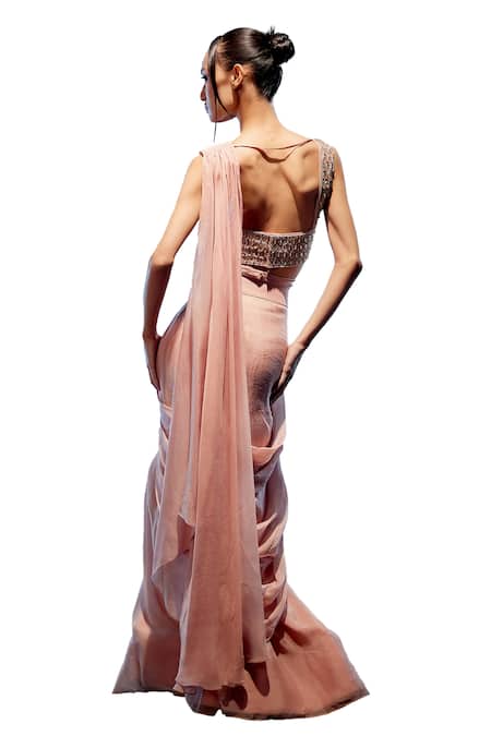 Buy_Miku Kumar_Pink Satin, Organza Pearls, Beads, Cut Work Rosalind Pre-draped Saree Set _Online_at_Aza_Fashions