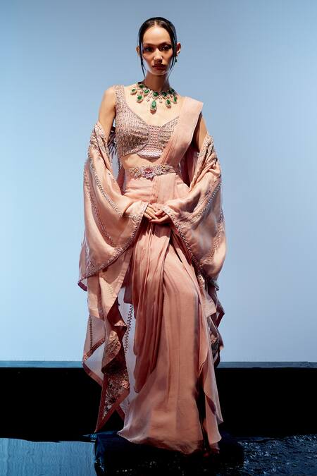 Shop_Miku Kumar_Pink Satin, Organza Pearls, Beads, Cut Work Rosalind Pre-draped Saree Set _Online_at_Aza_Fashions