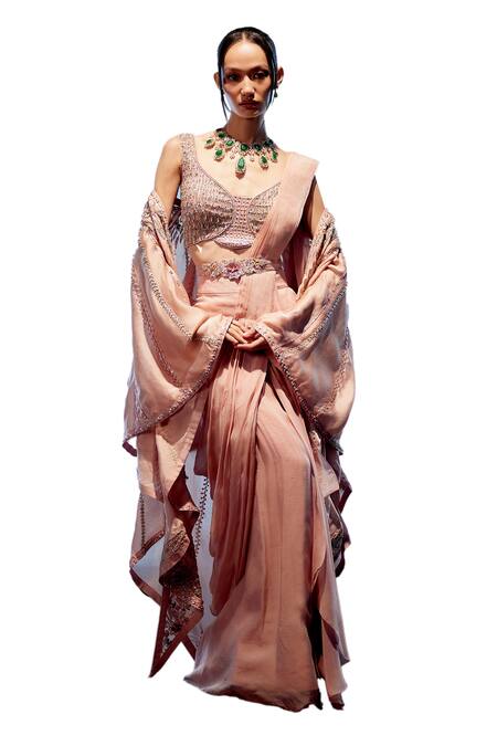 Miku Kumar_Pink Satin, Organza Pearls, Beads, Cut Work Rosalind Pre-draped Saree Set _at_Aza_Fashions
