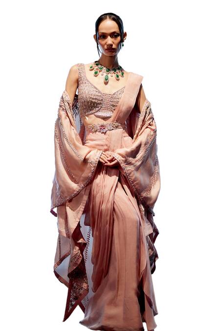 Buy_Miku Kumar_Pink Satin, Organza Pearls, Beads, Cut Work Rosalind Pre-draped Saree Set 