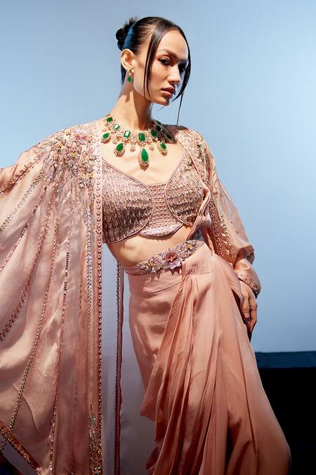 Shop_Miku Kumar_Pink Satin, Organza Pearls, Beads, Cut Work Rosalind Pre-draped Saree Set 