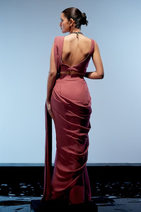 Shop Miku Kumar Red Satin, Organza Pearls, Sequins, Embroidery, Tassels Cape Pre-draped Saree at Aza Fashions Shop_Miku Kumar_Red Satin, Organza Pearls, Sequins, Embroidery, Tassels Cape Pre-draped Saree _at_Aza_Fashions