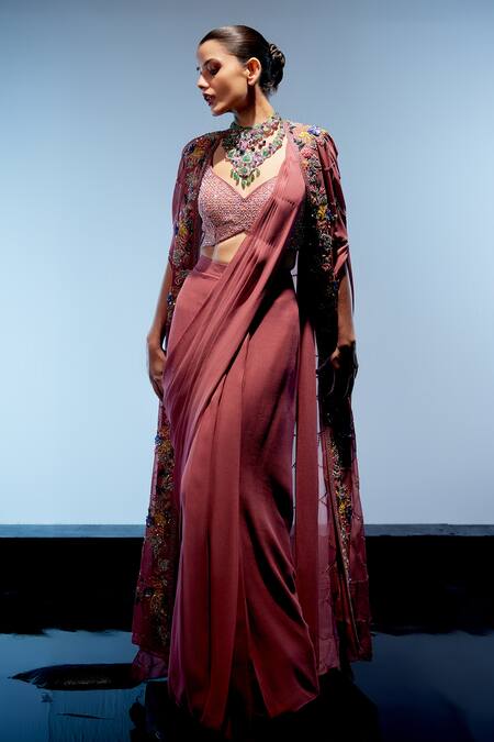 Miku Kumar Red Satin, Organza Pearls, Sequins, Embroidery, Tassels Cape Pre-draped Saree Online at Aza Fashions Miku Kumar_Red Satin, Organza Pearls, Sequins, Embroidery, Tassels Cape Pre-draped Saree _Online_at_Aza_Fashions