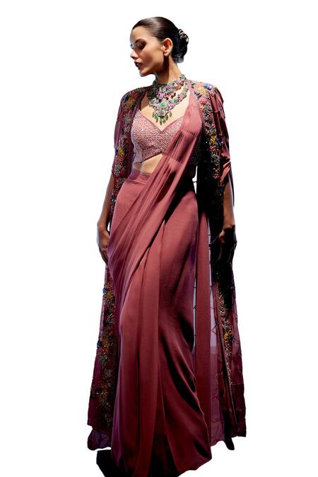 Buy Miku Kumar Red Satin, Organza Pearls, Sequins, Embroidery, Tassels Cape Pre-draped Saree Online at Aza Fashions Buy_Miku Kumar_Red Satin, Organza Pearls, Sequins, Embroidery, Tassels Cape Pre-draped Saree _Online_at_Aza_Fashions