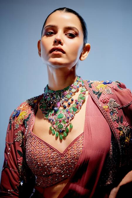 Shop Miku Kumar Red Satin, Organza Pearls, Sequins, Embroidery, Tassels Cape Pre-draped Saree Online at Aza Fashions Shop_Miku Kumar_Red Satin, Organza Pearls, Sequins, Embroidery, Tassels Cape Pre-draped Saree _Online_at_Aza_Fashions