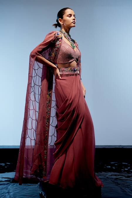 Miku Kumar Red Satin, Organza Pearls, Sequins, Embroidery, Tassels Cape Pre-draped Saree at Aza Fashions Miku Kumar_Red Satin, Organza Pearls, Sequins, Embroidery, Tassels Cape Pre-draped Saree _at_Aza_Fashions