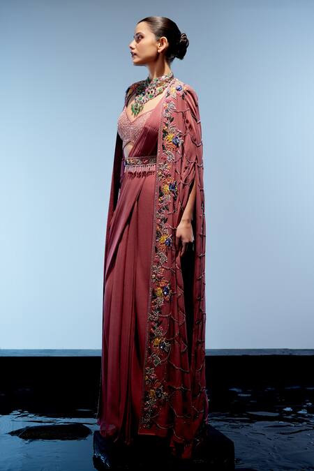 Buy Miku Kumar Red Satin, Organza Pearls, Sequins, Embroidery, Tassels Cape Pre-draped Saree Buy_Miku Kumar_Red Satin, Organza Pearls, Sequins, Embroidery, Tassels Cape Pre-draped Saree