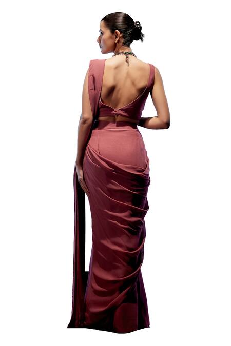 Shop Miku Kumar Red Satin, Organza Pearls, Sequins, Embroidery, Tassels Cape Pre-draped Saree Shop_Miku Kumar_Red Satin, Organza Pearls, Sequins, Embroidery, Tassels Cape Pre-draped Saree