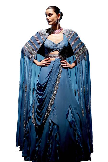 Miku Kumar_Blue Satin, Georgette, Organza Sequins, Evelyn Draped Lehenga Set With Cape _Online_at_Aza_Fashions