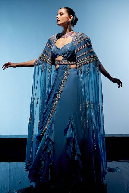 Shop_Miku Kumar_Blue Satin, Georgette, Organza Sequins, Evelyn Draped Lehenga Set With Cape _Online_at_Aza_Fashions