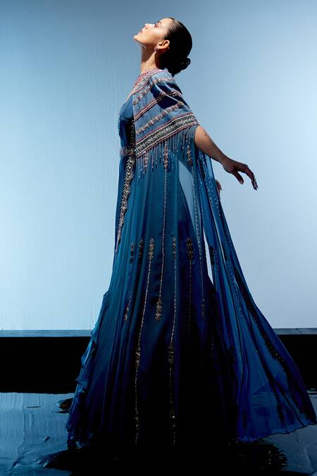 Miku Kumar_Blue Satin, Georgette, Organza Sequins, Evelyn Draped Lehenga Set With Cape _at_Aza_Fashions
