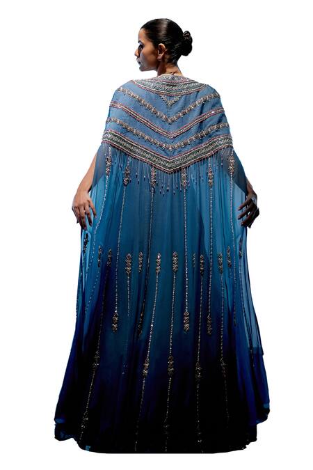 Buy_Miku Kumar_Blue Satin, Georgette, Organza Sequins, Evelyn Draped Lehenga Set With Cape 