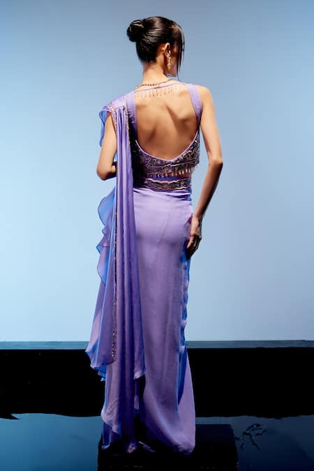 Shop Miku Kumar Purple Satin, Organza, Georgette Lilian Pre-draped Saree With Blouse at Aza Fashions Shop_Miku Kumar_Purple Satin, Organza, Georgette Lilian Pre-draped Saree With Blouse _at_Aza_Fashions