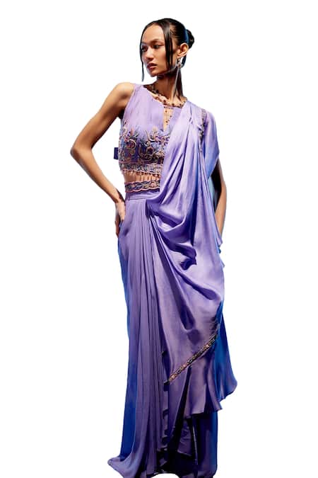 Miku Kumar Purple Satin, Organza, Georgette Lilian Pre-draped Saree With Blouse Online at Aza Fashions Miku Kumar_Purple Satin, Organza, Georgette Lilian Pre-draped Saree With Blouse _Online_at_Aza_Fashions