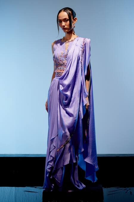Buy Miku Kumar Purple Satin, Organza, Georgette Lilian Pre-draped Saree With Blouse Online at Aza Fashions Buy_Miku Kumar_Purple Satin, Organza, Georgette Lilian Pre-draped Saree With Blouse _Online_at_Aza_Fashions