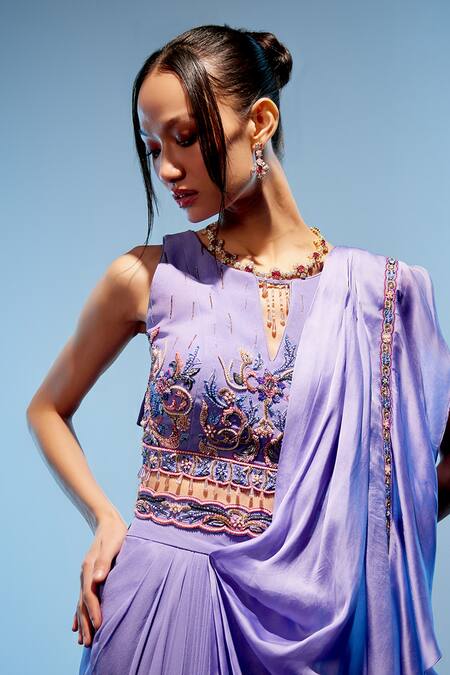 Shop Miku Kumar Purple Satin, Organza, Georgette Lilian Pre-draped Saree With Blouse Online at Aza Fashions Shop_Miku Kumar_Purple Satin, Organza, Georgette Lilian Pre-draped Saree With Blouse _Online_at_Aza_Fashions