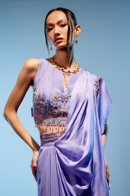 Miku Kumar Purple Satin, Organza, Georgette Lilian Pre-draped Saree With Blouse at Aza Fashions Miku Kumar_Purple Satin, Organza, Georgette Lilian Pre-draped Saree With Blouse _at_Aza_Fashions