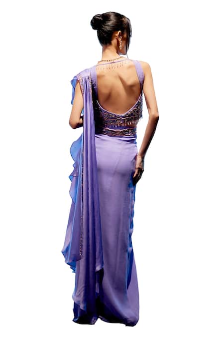 Buy Miku Kumar Purple Satin, Organza, Georgette Lilian Pre-draped Saree With Blouse Buy_Miku Kumar_Purple Satin, Organza, Georgette Lilian Pre-draped Saree With Blouse