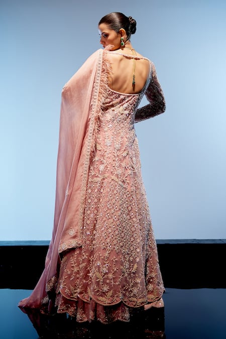 Shop Miku Kumar Peach Organza, Net, Satin Pearls, Beads Rosemarie Motif Embroidered Lehenga Set at Aza Fashions Shop_Miku Kumar_Peach Organza, Net, Satin Pearls, Beads Rosemarie Motif Embroidered Lehenga Set _at_Aza_Fashions