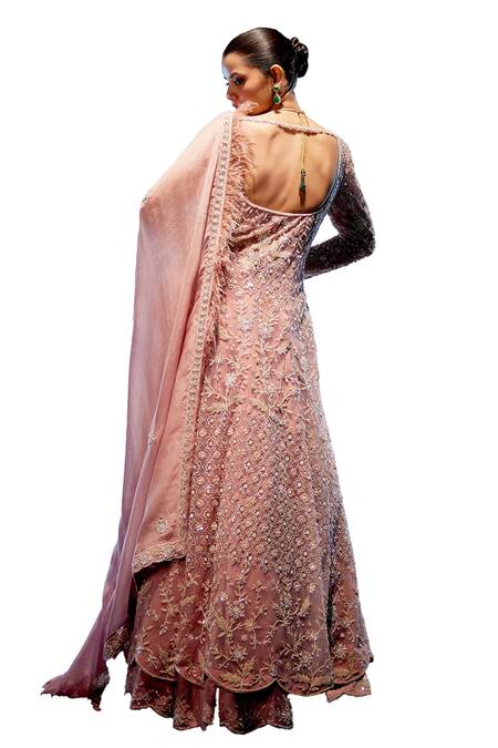 Miku Kumar Peach Organza, Net, Satin Pearls, Beads Rosemarie Motif Embroidered Lehenga Set Online at Aza Fashions Miku Kumar_Peach Organza, Net, Satin Pearls, Beads Rosemarie Motif Embroidered Lehenga Set _Online_at_Aza_Fashions
