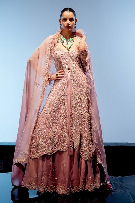 Buy Miku Kumar Peach Organza, Net, Satin Pearls, Beads Rosemarie Motif Embroidered Lehenga Set Online at Aza Fashions Buy_Miku Kumar_Peach Organza, Net, Satin Pearls, Beads Rosemarie Motif Embroidered Lehenga Set _Online_at_Aza_Fashions