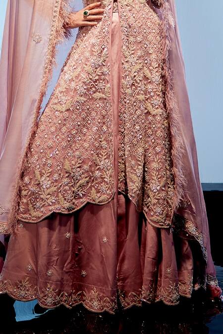 Shop Miku Kumar Peach Organza, Net, Satin Pearls, Beads Rosemarie Motif Embroidered Lehenga Set Online at Aza Fashions Shop_Miku Kumar_Peach Organza, Net, Satin Pearls, Beads Rosemarie Motif Embroidered Lehenga Set _Online_at_Aza_Fashions