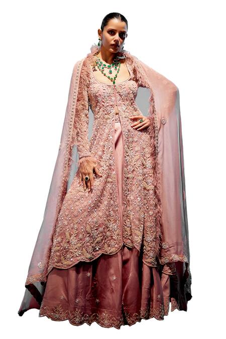 Miku Kumar Peach Organza, Net, Satin Pearls, Beads Rosemarie Motif Embroidered Lehenga Set at Aza Fashions Miku Kumar_Peach Organza, Net, Satin Pearls, Beads Rosemarie Motif Embroidered Lehenga Set _at_Aza_Fashions