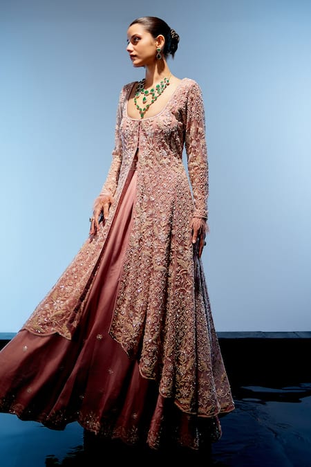 Buy Miku Kumar Peach Organza, Net, Satin Pearls, Beads Rosemarie Motif Embroidered Lehenga Set Buy_Miku Kumar_Peach Organza, Net, Satin Pearls, Beads Rosemarie Motif Embroidered Lehenga Set