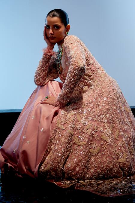 Shop Miku Kumar Peach Organza, Net, Satin Pearls, Beads Rosemarie Motif Embroidered Lehenga Set Shop_Miku Kumar_Peach Organza, Net, Satin Pearls, Beads Rosemarie Motif Embroidered Lehenga Set