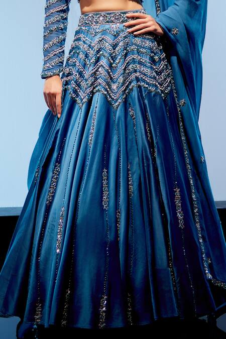Miku Kumar Blue Satin, Organza, Georgette Sequins, Beads, Embroidery Geometric Lehenga Set Online at Aza Fashions Miku Kumar_Blue Satin, Organza, Georgette Sequins, Beads, Embroidery Geometric Lehenga Set _Online_at_Aza_Fashions