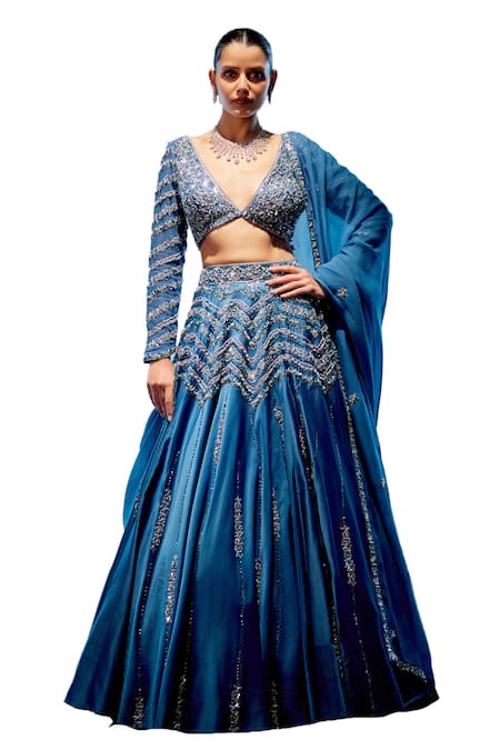 Buy Miku Kumar Blue Satin, Organza, Georgette Sequins, Beads, Embroidery Geometric Lehenga Set Online at Aza Fashions Buy_Miku Kumar_Blue Satin, Organza, Georgette Sequins, Beads, Embroidery Geometric Lehenga Set _Online_at_Aza_Fashions