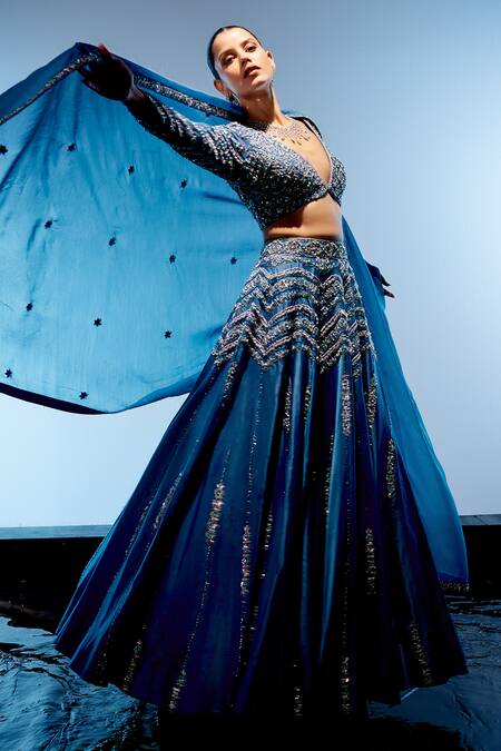 Shop Miku Kumar Blue Satin, Organza, Georgette Sequins, Beads, Embroidery Geometric Lehenga Set Online at Aza Fashions Shop_Miku Kumar_Blue Satin, Organza, Georgette Sequins, Beads, Embroidery Geometric Lehenga Set _Online_at_Aza_Fashions