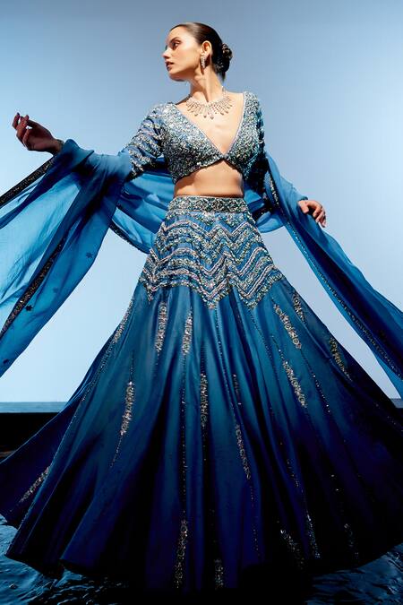 Miku Kumar Blue Satin, Organza, Georgette Sequins, Beads, Embroidery Geometric Lehenga Set at Aza Fashions Miku Kumar_Blue Satin, Organza, Georgette Sequins, Beads, Embroidery Geometric Lehenga Set _at_Aza_Fashions