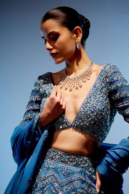 Buy Miku Kumar Blue Satin, Organza, Georgette Sequins, Beads, Embroidery Geometric Lehenga Set Buy_Miku Kumar_Blue Satin, Organza, Georgette Sequins, Beads, Embroidery Geometric Lehenga Set