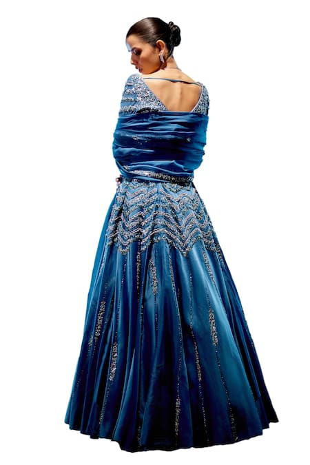 Shop Miku Kumar Blue Satin, Organza, Georgette Sequins, Beads, Embroidery Geometric Lehenga Set Shop_Miku Kumar_Blue Satin, Organza, Georgette Sequins, Beads, Embroidery Geometric Lehenga Set