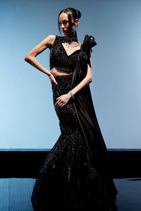 Miku Kumar Black Satin, Organza, Net Beads, Cut Beatrice And Cutdana Embroidered Lehenga Set Online at Aza Fashions Miku Kumar_Black Satin, Organza, Net Beads, Cut Beatrice And Cutdana Embroidered Lehenga Set _Online_at_Aza_Fashions